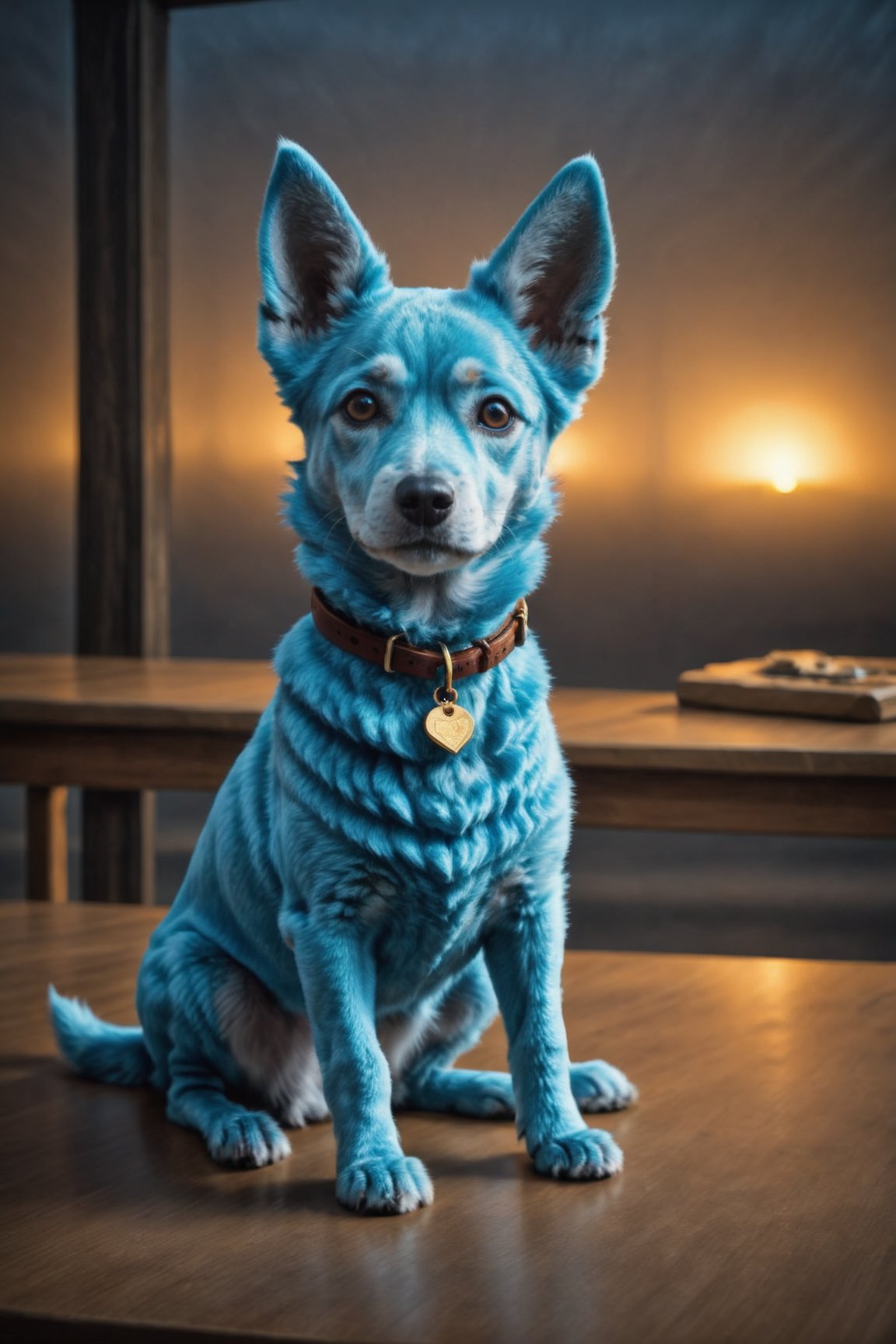 photo r3al, masterpiece, best quality, ultra realistic, cute little friendly blue dog mascot, on a table, warm lighting, clothed like a traveling merchant, Spirit Fox Pendant, ColorART, simple, minimalistic