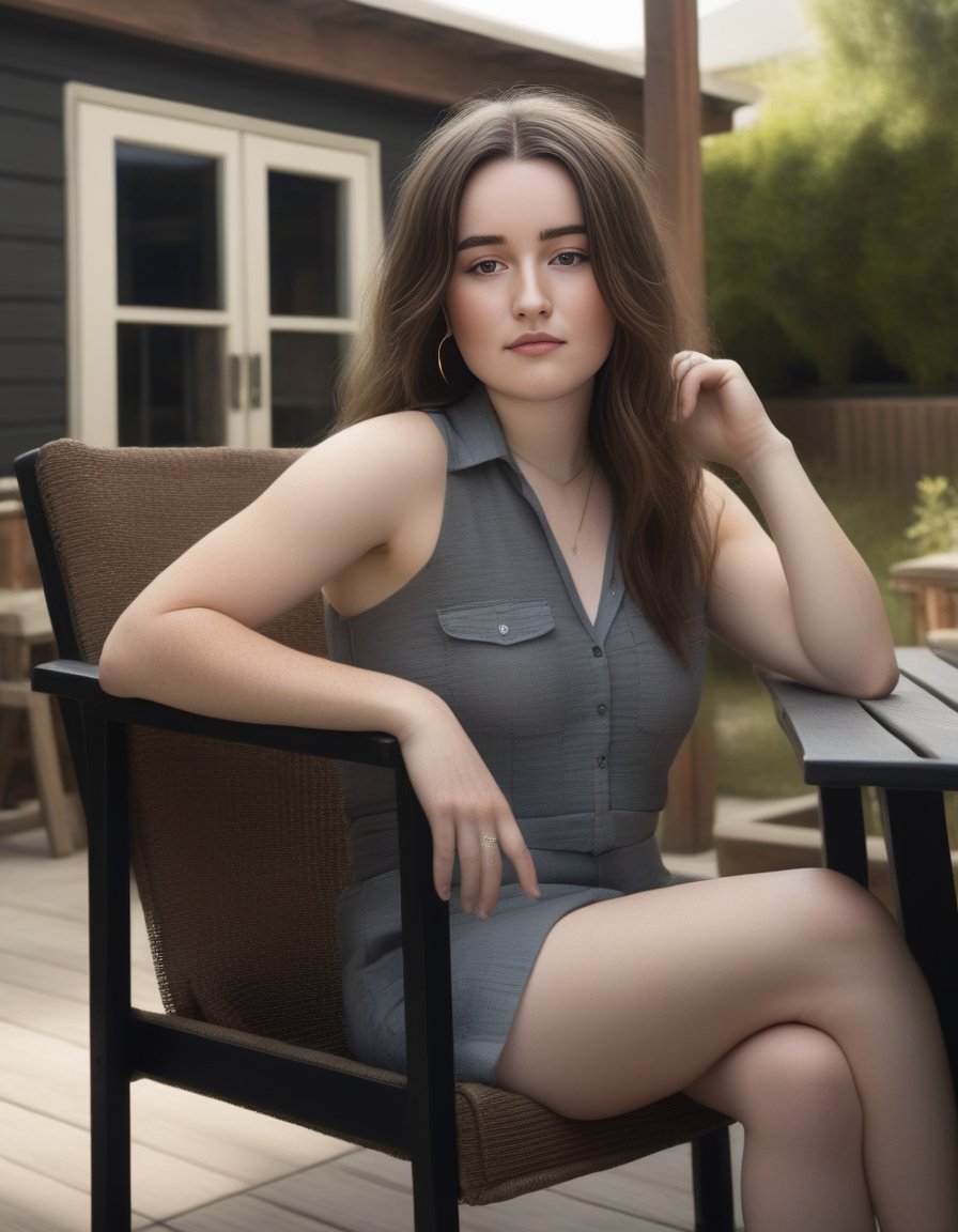 KaitlynDever,<lora:KaitlynDeverSDXL:1>,3/4 shot, photograph of, a woman, messy black hair with gray highlights, wearing a tank top and an unbuttoned collared dress shirt, sitting on a patio chair in her backyard, natural light, 8k, realistic