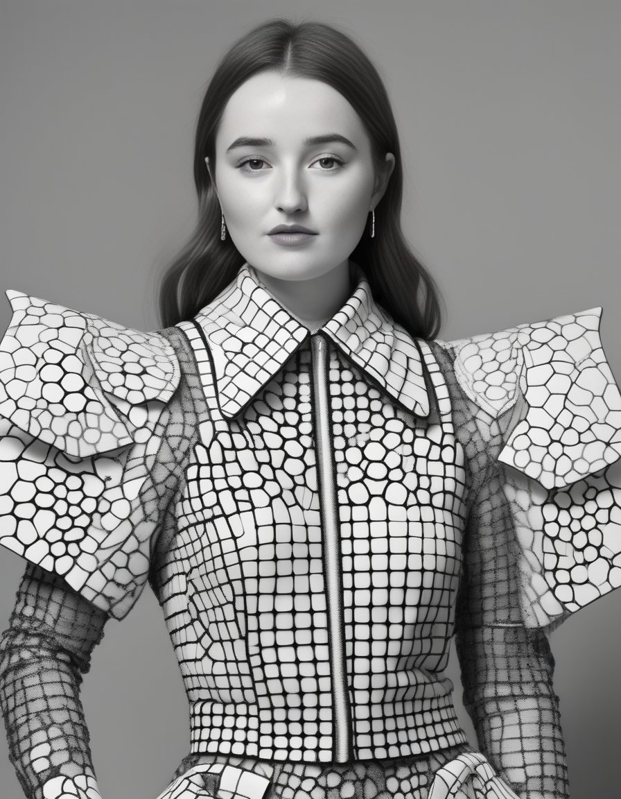 KaitlynDever,<lora:KaitlynDeverSDXL:1>,An elegant female super model at London Fashion Week, wearing a costume designed by Thom Browne with design elements including 3D generative Voronoi artwork created by artificial intelligence black-white textile materials polarized.toplight lighting photographed with Sony A7 IV