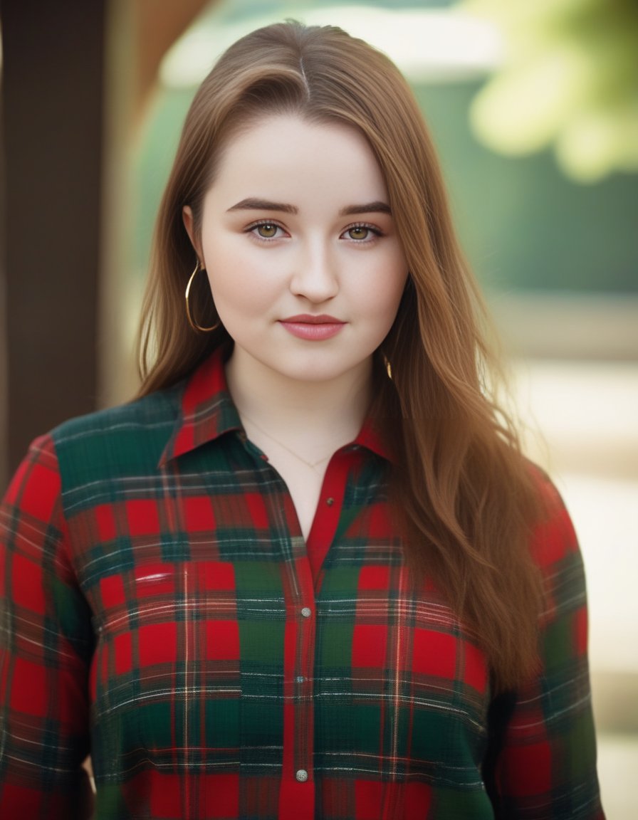 KaitlynDever,<lora:KaitlynDeverSDXL:1>,A portrait of a young beautiful girl, natural complexion soft skin, under cut hair style, highly details, slim-with-curves, green-red Tartan  shirt, outdoor setting, establishing shot