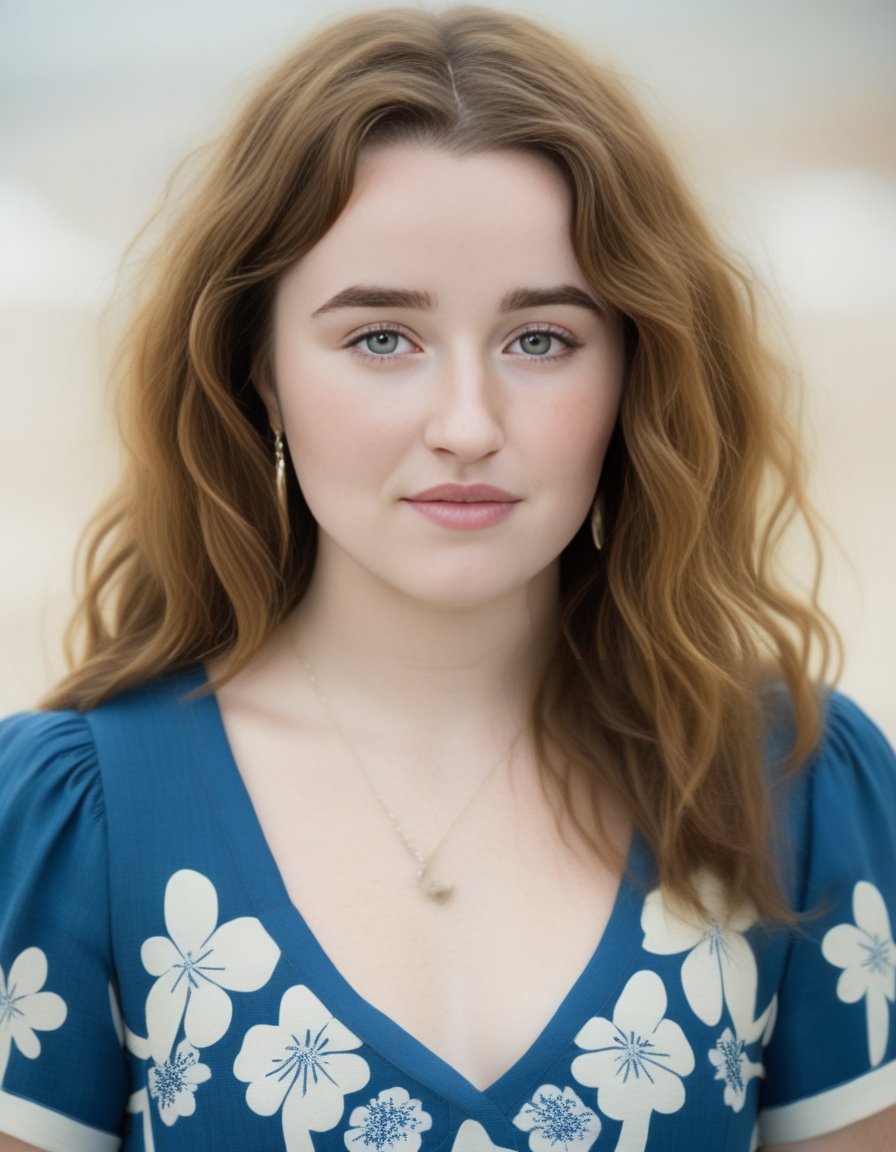 KaitlynDever,<lora:KaitlynDeverSDXL:1>,A portrait of a woman with full, curly hair and fair, freckled skin. She has light-colored eyes and wears minimal makeup. Her expression is serene and self-assured. She is dressed in a blue and white floral V-neck dress. The setting suggests a beach atmosphere, with soft natural light enhancing her features.