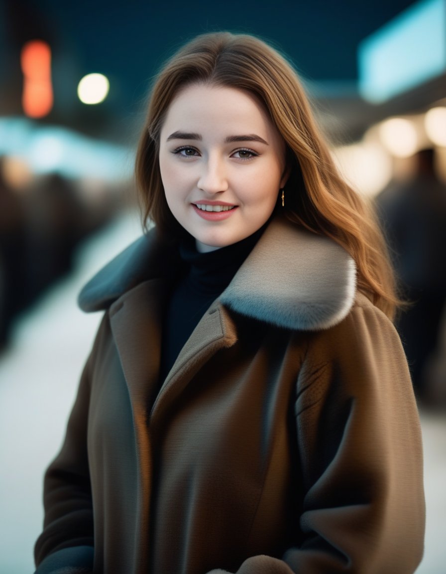 KaitlynDever,<lora:KaitlynDeverSDXL:1>,Wearing coat, fur coat, mink coat, black turtleneck, brown eyes, looking at viewer, smiling, teeth, medium shot, standing, outside, city, market, nighttime, snow, crowd, high quality, masterpiece, gorgeous, cinematic, dramatic ambient, highly detailed, very cool, futuristic, sharp focus, intricate, vibrant, color, epic light