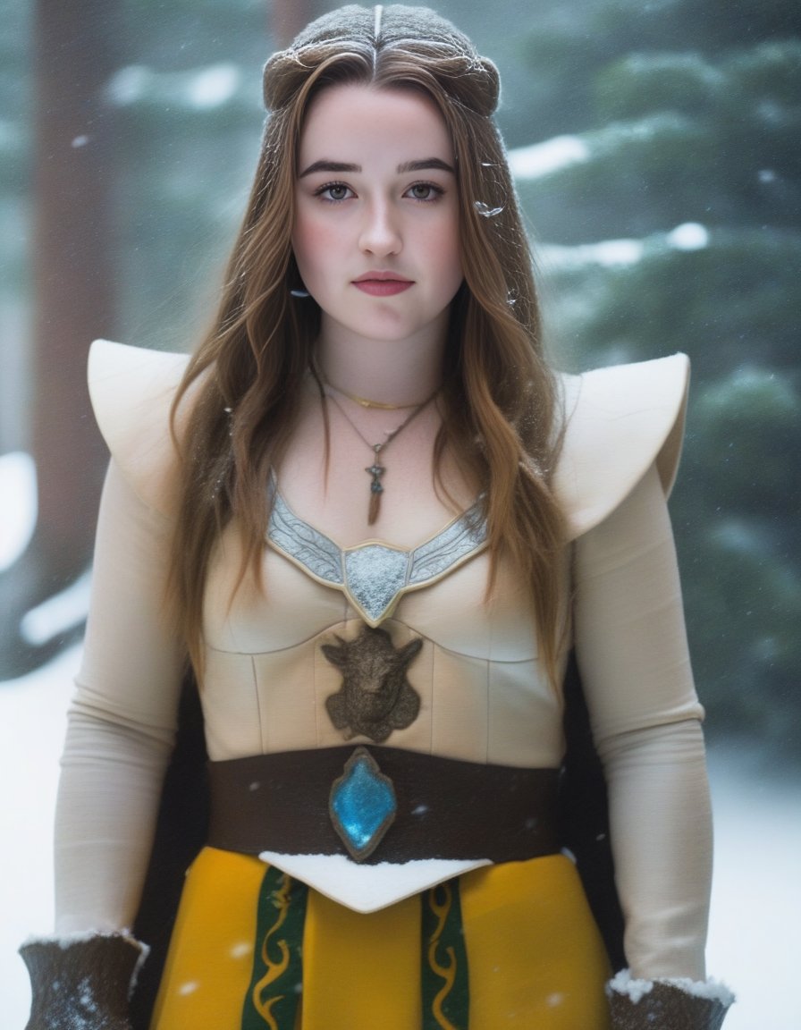 KaitlynDever,<lora:KaitlynDeverSDXL:1>, photograph, Compelling athletic Female cosplaying as Freyja, Snowing, Iphone X, Low shutter