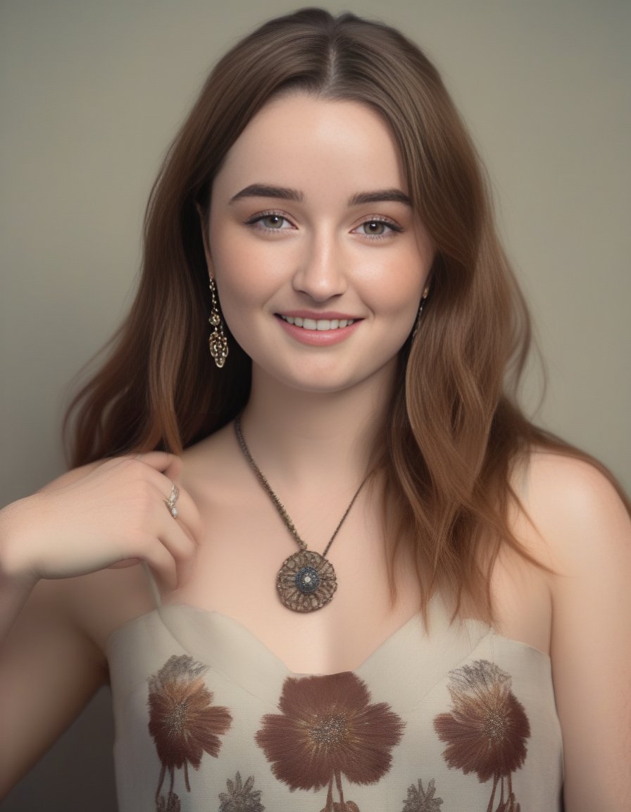 KaitlynDever,<lora:KaitlynDeverSDXL:1>, a Realistic photo of  woman, 1girl, solo, long hair, looking at viewer, smile, brown hair, brown eyes, jewelry, upper body, earrings, necklace, mole, lips, traditional media, floral print, realistic, professional Photography, Photorealistic, detailed eyes, RAW, analog, sharp focus, 8k, HD, DSLR, high quality, Fujifilm XT3, film grain, award winning, masterpiece