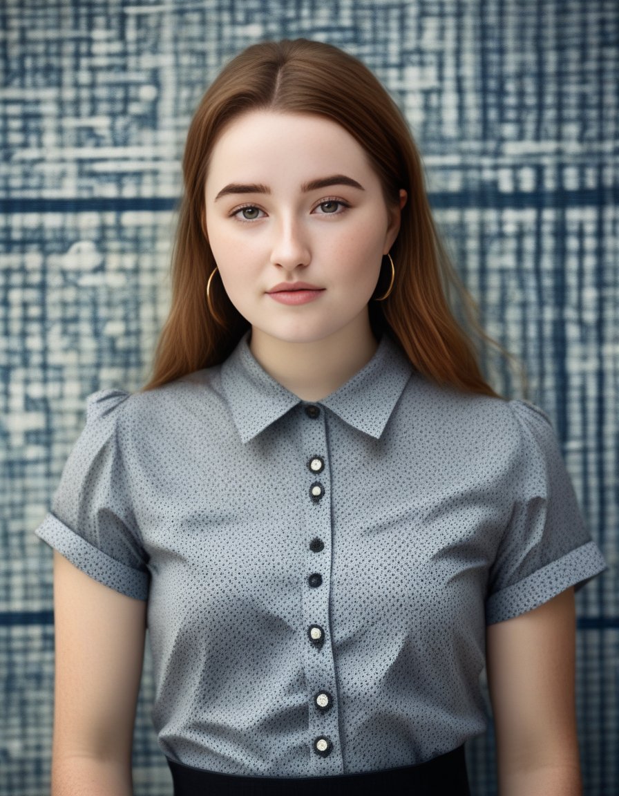 KaitlynDever,<lora:KaitlynDeverSDXL:1>,A waist-up portrait of a young beautiful girl, (freckles:0.96) skin, blunt cut hair style, "slim with curves",  batik shirt. This image, characterized by its Minimalism style and outdoor background that was recognized as a contest winner. It has been featured on CG Society.