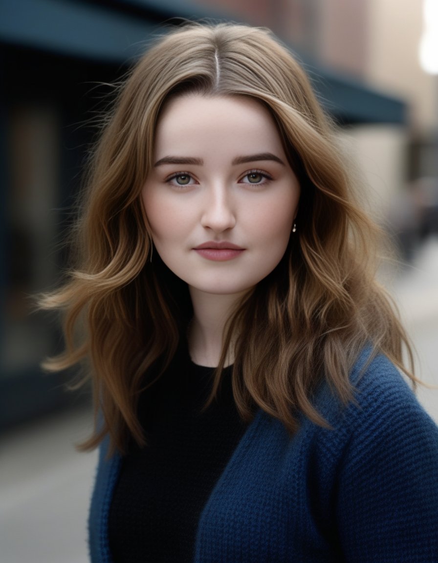 KaitlynDever,<lora:KaitlynDeverSDXL:1>,An image of a pretty woman with wavy brunette, dimensional dark brown Highlights hairstyle, a mild warm complexion, subtle eye-focused makeup. She's dressed in a black sweater and blue jeans, standing casually on an urban street, touching her hair with one hand, in the style of Annie Leibovitz.