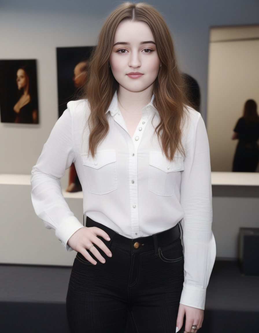 KaitlynDever,<lora:KaitlynDeverSDXL:1>,An image of a young beautiful (Spanish|Turkish|german|french|Korean) girl, white denim shirt and black jeans, with a beautiful Asymmetrical Cut style  highly detailed, In the style of Alexander Averin