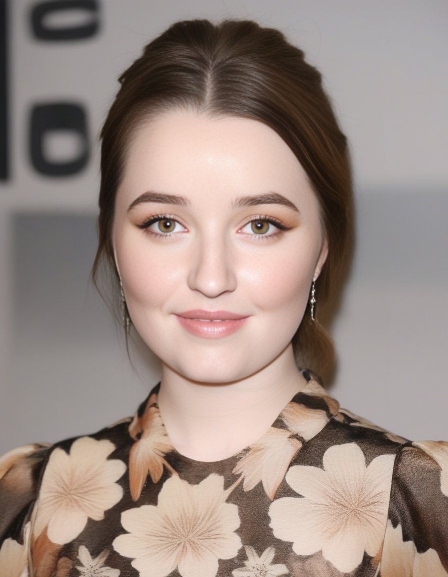 KaitlynDever,<lora:KaitlynDeverSDXL:1>,An image of a woman with an elegant updo hairstyle that has volume and a natural gradient from darker roots to lighter tips. Her facial features should be depicted with soft realism, highlighted by smoky eye makeup and a light, composed gaze. She is wearing a floral-patterned blouse in earthy tones. The style should blend photorealism with a soft-focus effect to achieve a modern fashion illustration look.