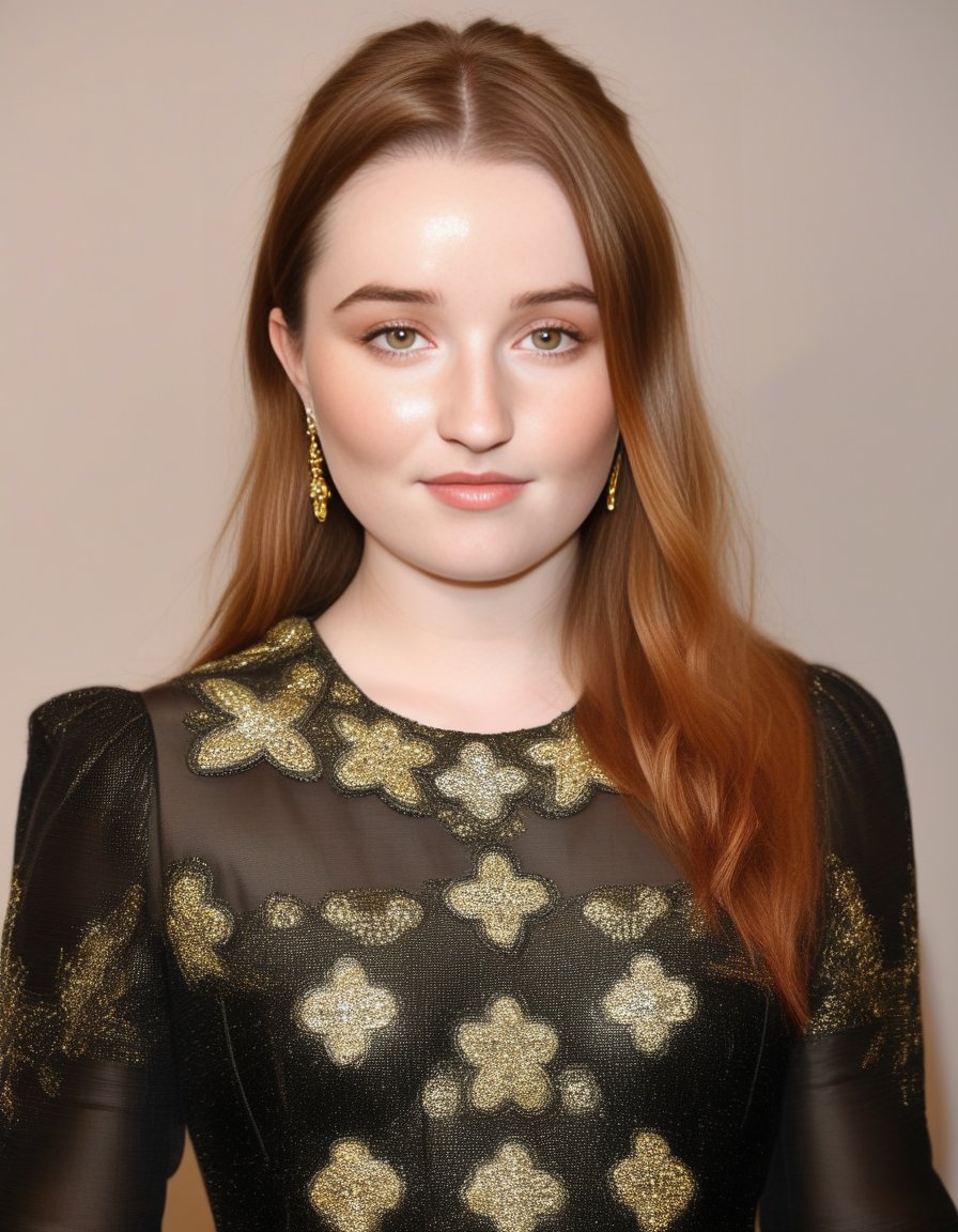 KaitlynDever,<lora:KaitlynDeverSDXL:1>,An image of a young woman with auburn hair with lighter ends, styled to flow away from her face, and green eyes that are striking and framed by defined eyebrows. She has fair skin with visible natural freckles across her nose and cheeks. The woman wears simple stud earrings and has a confident gaze into the camera. Her black dress has golden bejeweled straps on her shoulder, adding an elegant touch. In door background.