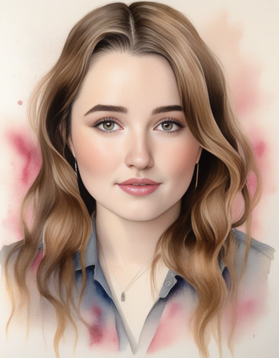 KaitlynDever,<lora:KaitlynDeverSDXL:1>,A realistic watercolor portrait of a young woman. She has long, wavy hair with natural brown highlights, a fair complexion with rosy cheeks, and subtle pink lips. Her eyes is very detailed and expressive, framed by defined eyebrows and lashes. The portrait includes artistic watercolor splashes around her hair and in the background, with a lightly textured paper effect. The overall mood conveys a serene and soft ambiance.