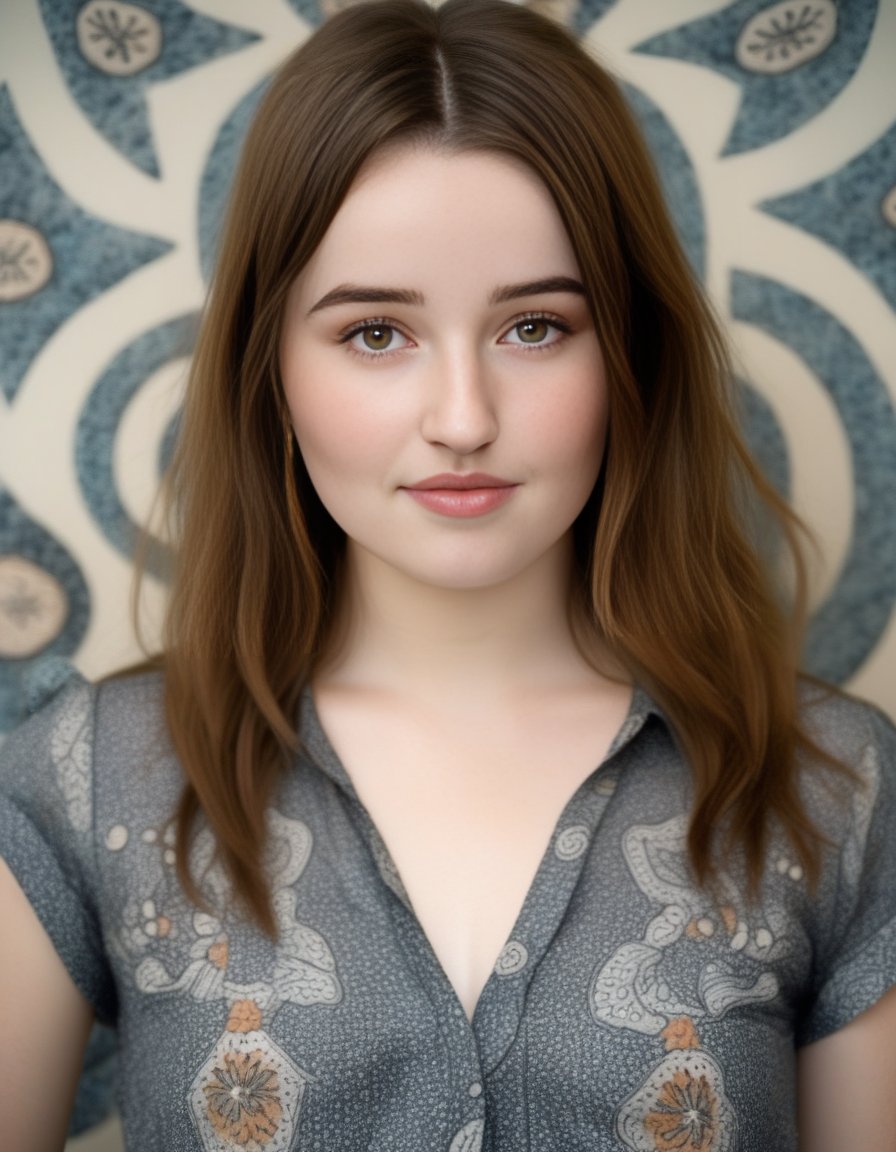 KaitlynDever,<lora:KaitlynDeverSDXL:1>,A waist-up portrait of a young beautiful brunette girl, lip-gloss, (freckles:0.5) skin, asymmetrical cut hair style, "slim with curves", (breasts:0.8), (batik:1.55) shirt