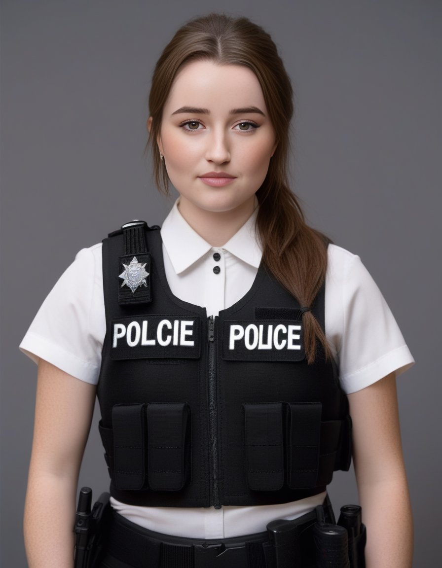 KaitlynDever,<lora:KaitlynDeverSDXL:1>,photo,detailed background, stunning beauty, high quality photo, perfect composition, perfect details and textures, highly detailed, front view, looking at camera, perfect lighting, with a ponytail, with a bulletproof vest and a shotgun, policewoman