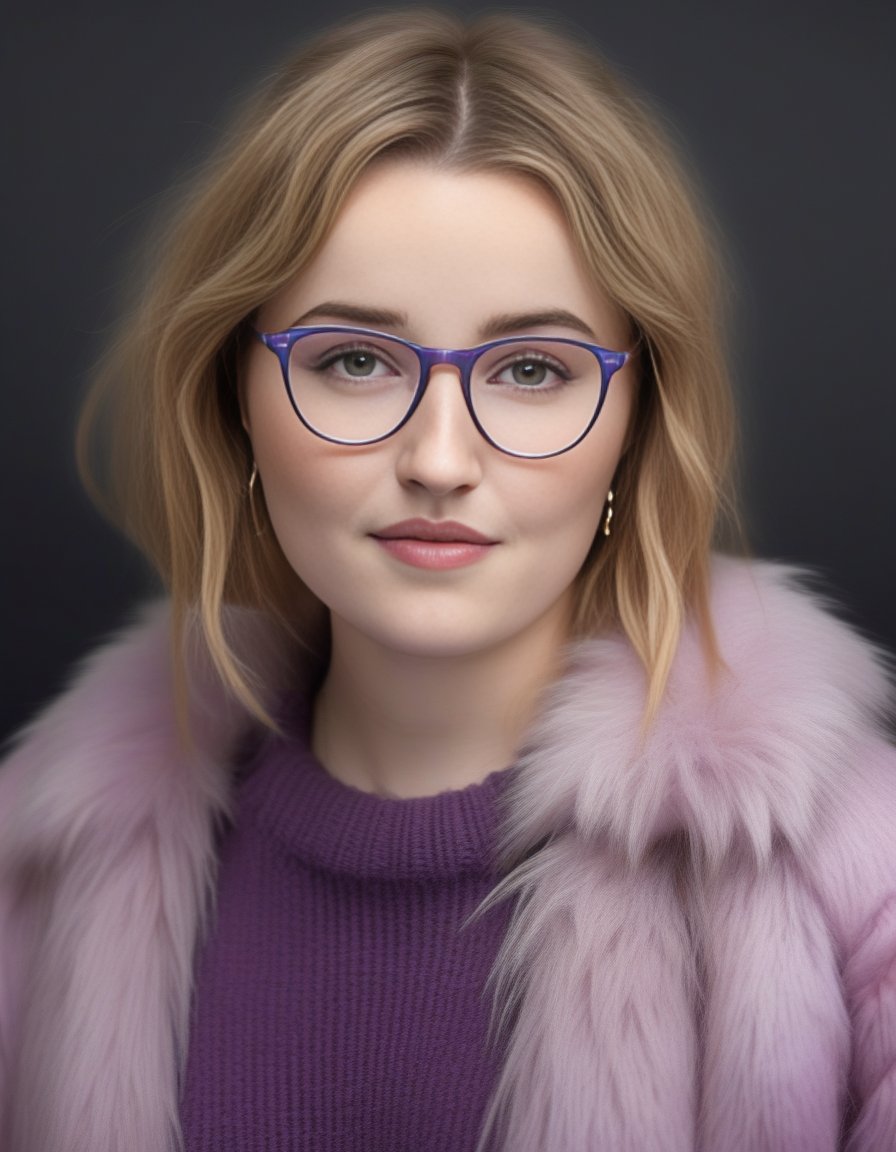 KaitlynDever,<lora:KaitlynDeverSDXL:1>,(medium shot:1.3) photography, woman wearing purple eyeglasses, fur sweater, blond hair, short hair, high quality, highly detailed, Sharpdetail, photorealism, hyperrealism, realistic, real, natural color, warm tone