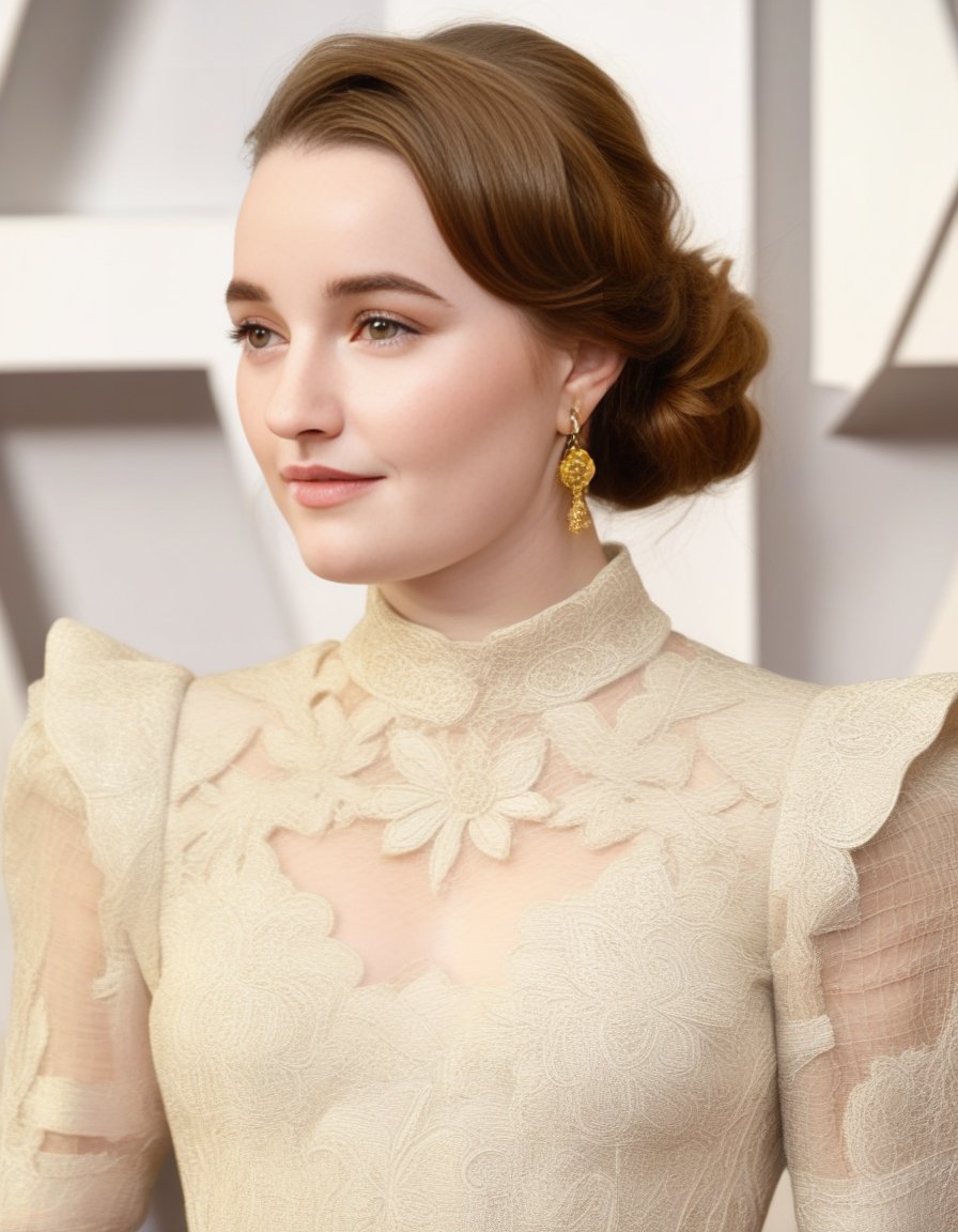 KaitlynDever,<lora:KaitlynDeverSDXL:1>,A portrait of a woman with a refined updo hairstyle and wavy locks framing her face. Her fair skin is complemented by soft, natural makeup, light brown eyes.  Accent her look with intricate gold filigree earrings. She wears a white lace garment with a detailed pattern on the sleeves. The background should be neutral, subtly highlighting her elegance.
