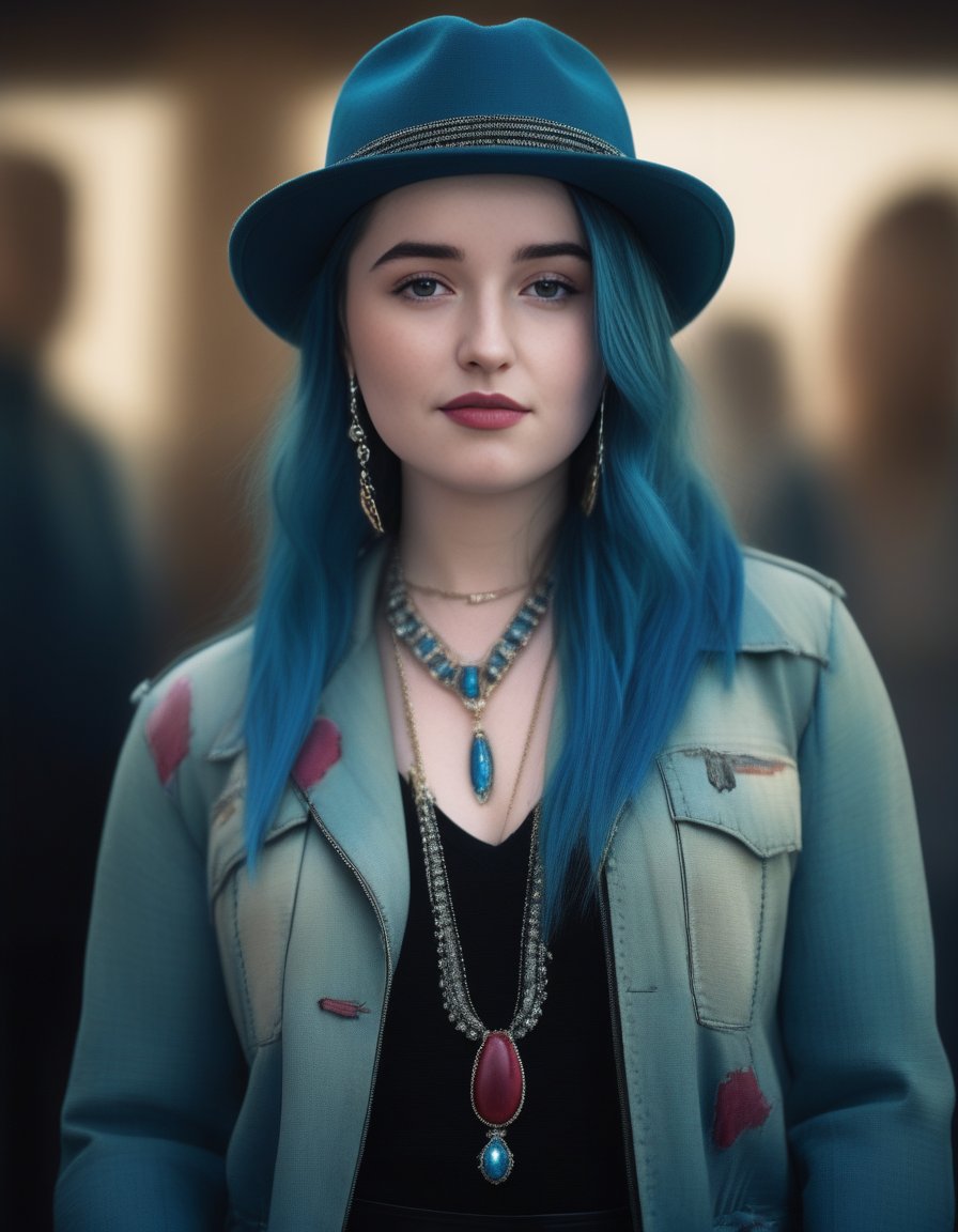 KaitlynDever,<lora:KaitlynDeverSDXL:1>, Realistic photo of a beautiful  woman, 1girl, solo, long hair, hat, jewelry, blue hair, jacket, multicolored hair, necklace, bracelet, lips, realistic, fashion, soft lighting, professional Photography, Photorealistic, detailed, RAW, analog, sharp focus, 8k, HD, DSLR, high quality, Fujifilm XT3, film grain, award winning, masterpiece