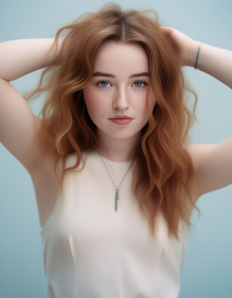 KaitlynDever,<lora:KaitlynDeverSDXL:1>,Realistic photo of a beautiful woman, 1girl, solo, long hair, curly hair, looking at viewer, blue eyes, simple background,(((red hair))), white background, arms up, lips, portrait, realistic, soft lighting, professional Photography, Photorealistic, detailed, RAW, analog, sharp focus, 8k, HD, DSLR, high quality, Fujifilm XT3, film grain, award winning