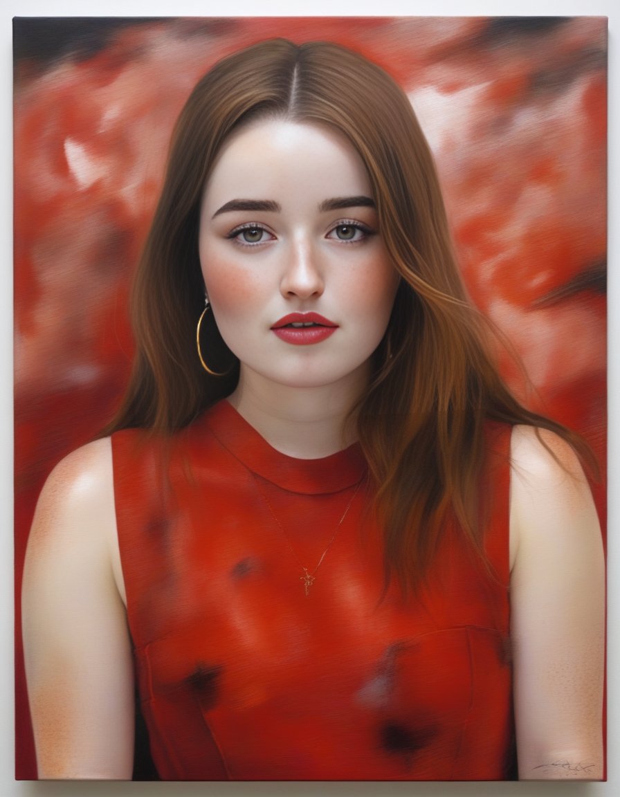 KaitlynDever,<lora:KaitlynDeverSDXL:1>,A painting, beautiful woman (freckles),  (((red ominous war))) [in the style of Anna Razumovskaya and Clovis Trouille:0.4]
