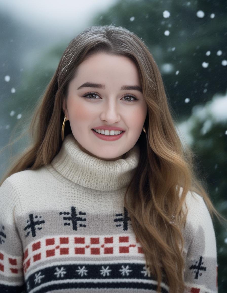 KaitlynDever,<lora:KaitlynDeverSDXL:1>,Full Body, photograph of, a happy woman smiling, long brunette hair with blonde highlights enjoying a snowy day outside, wearing a turtle neck sweater, snowing, snow in hair, masterpiece, UHD, dark, moody