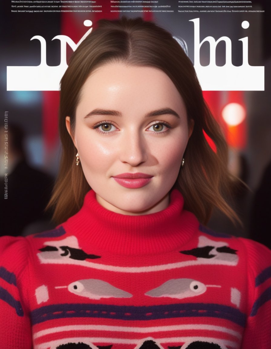 KaitlynDever,<lora:KaitlynDeverSDXL:1>   (art by Mary Beale:0.8) , A photorealistic image of a woman, at a red carpet event, dressed in an elegant turtleneck sweater, with neon lighting reflecting her bold makeup, in a bustling Hollywood setting, captured in a third-person perspective with fish-eye lens, in a glossy magazine cover style, adding dramatic and cinematic effects, analog film grain, bokeh