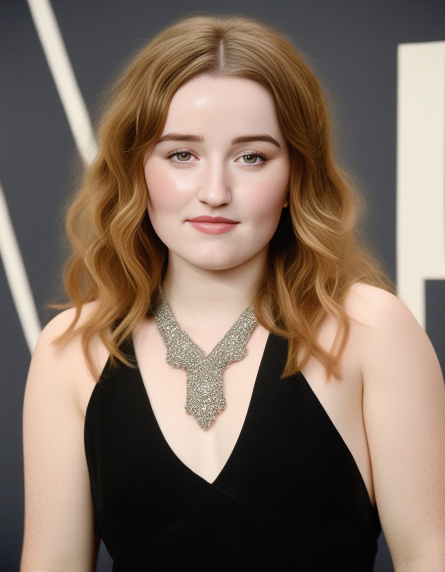 KaitlynDever,<lora:KaitlynDeverSDXL:1>,An image of a woman with shoulder-length curly hair highlighted in blonde, fair freckled skin, and hazel eyes. Her makeup is understated and elegant. She wears a black V-neck top and a statement silver necklace with crystal embellishments. Her posture is confident, and her expression is serene.