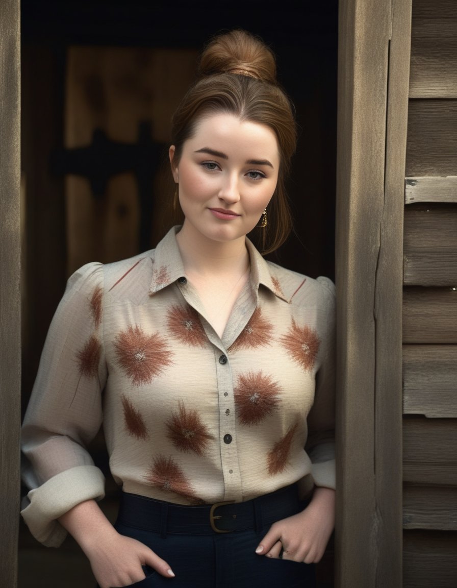 KaitlynDever,<lora:KaitlynDeverSDXL:1>,3/4 shot, photograph of, a woman with a voluminous messy bun hair, auburn highlights, wearing a button down collared blouse with a floral pattern, (busty:1.1), leaning up against worn barn door, head tilted, smirking at the camera, natural light, dark shadows, masterpiece, UHD