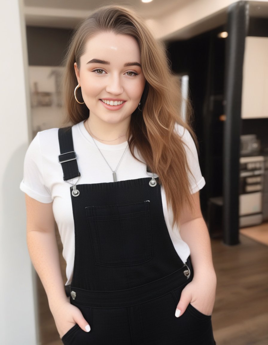 KaitlynDever,<lora:KaitlynDeverSDXL:1>, a curvy athletic woman in black overalls is smiling and taking a selfie, white t-shirt, streak in hair