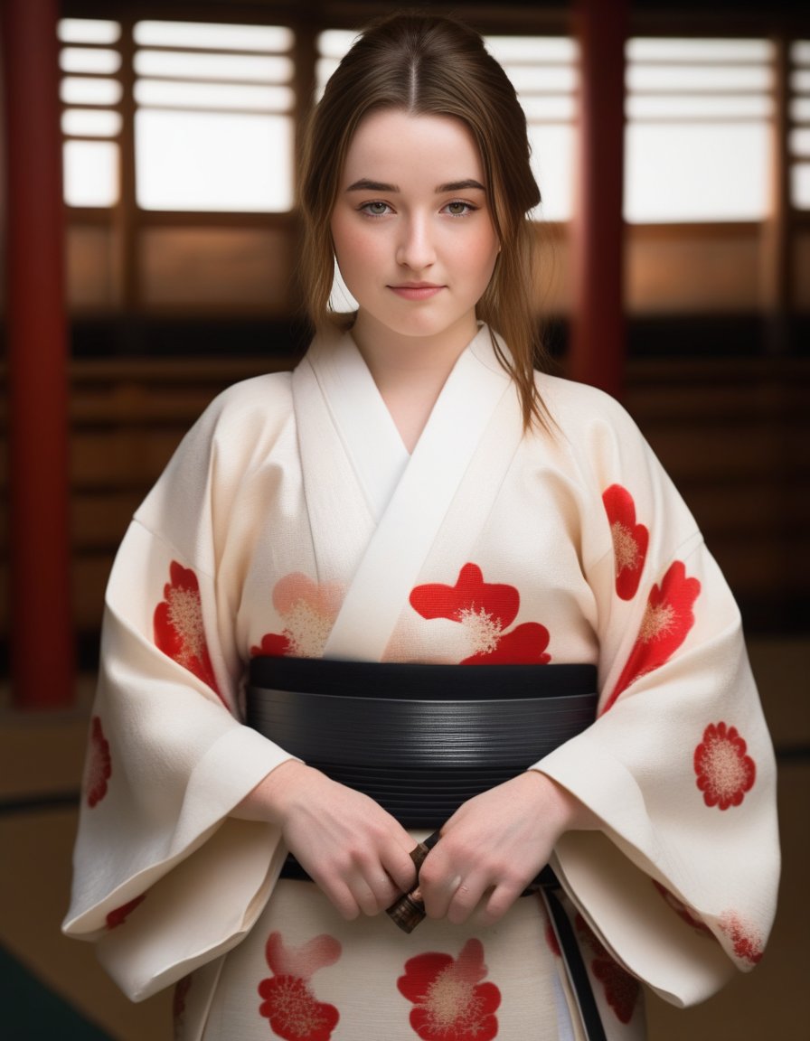 KaitlynDever,<lora:KaitlynDeverSDXL:1>,photo,detailed background, stunning beauty, high quality photo, perfect composition, perfect details and textures, highly detailed, front view, looking at camera, perfect lighting, with a kimono and holding a samurai sword in the dojo