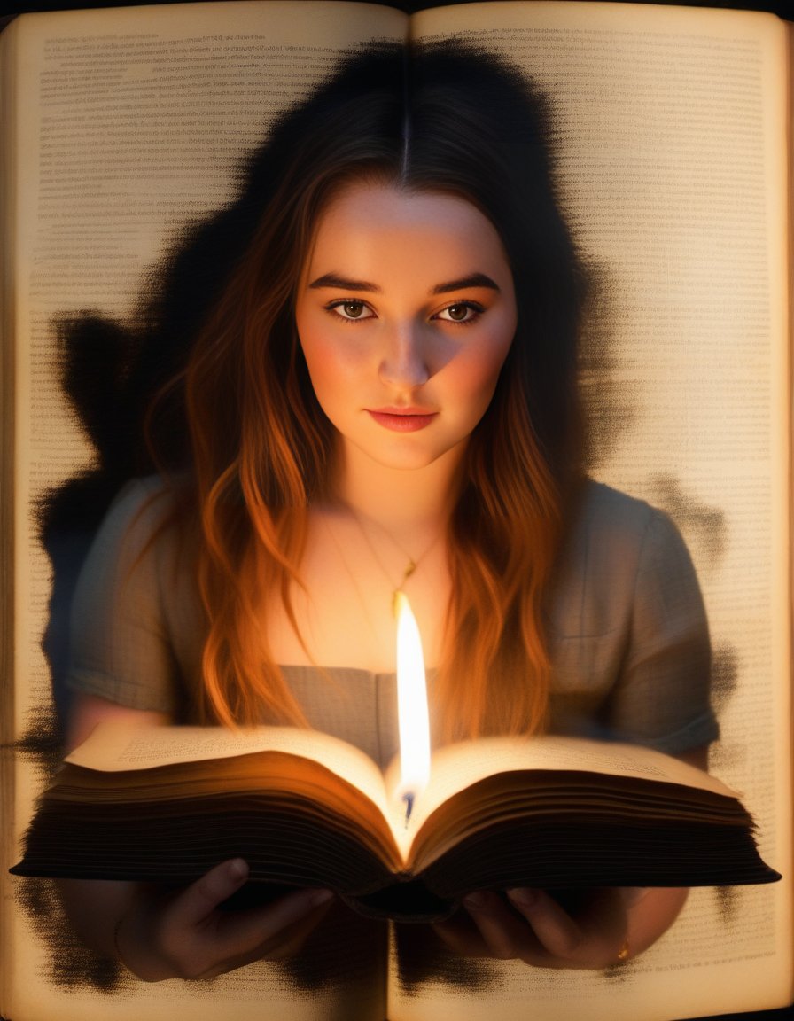 KaitlynDever,<lora:KaitlynDeverSDXL:1>,A candlelit portrait, flames flickering across a woman's face, casting dancing shadows on a worn book open in her lap. (Intellectual pursuit, intimate atmosphere, secrets whispered by candlelight)