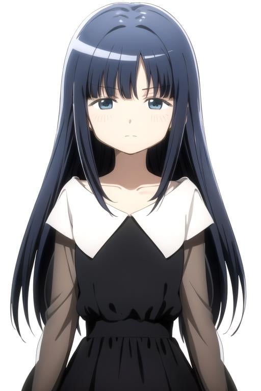 solo, 1girl, looking at viewer, sketch, flat colors, 2D, anime, anime coloring, upper body, (solid white background:1.3), <lora:yachiyo-madomagi-01:0.8>, yachiyo nanami, black dress, collarbone, closed mouth