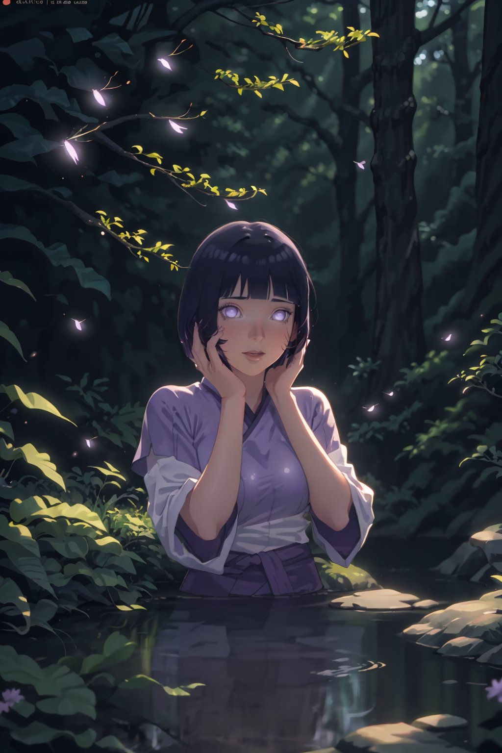 Masterpiece, best quality, (very detailed CG unified 8k wallpaper), (best quality), (best illustration), (best shadow), glowing elf with a glowing deer, drinking water in the pool, natural elements in forest theme. Mysterious forest, beautiful forest, nature, surrounded by flowers, delicate leaves and branches surrounded by fireflies (natural elements), (jungle theme), (leaves), (branches), (fireflies), (particle effects) and other 3D, Octane rendering, ray tracing, super detailed --v6, deer, 
hinata_boruto, 1girl,short hair, solo, purple hair, bob cut, bangs, blunt bangs, looking at viewer, large breasts,hinata_boruto,yandere trance,yandere,hands on own face