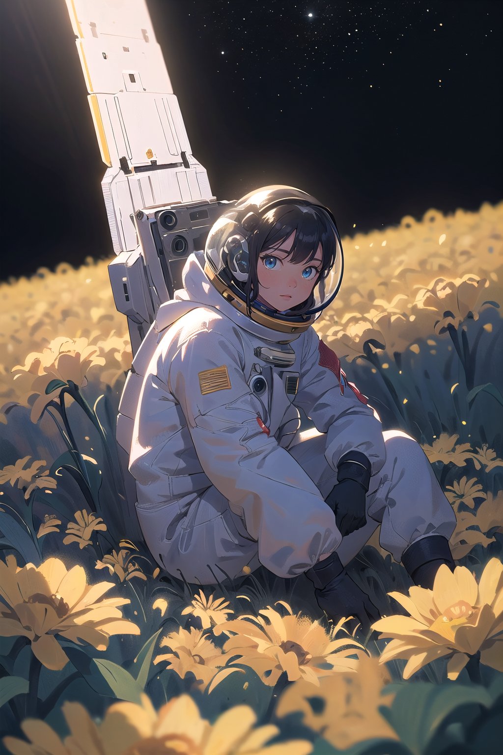 (masterpiece, best quality), cinematic composition, letterboxed, depth of field, solo focus, astronaut sitting in a field of yellow flowers with resting on the ground, gloves, yellow flower, black gloves, spacesuit, science fiction, sunlight, black hair, blue eyes, looking at viewer