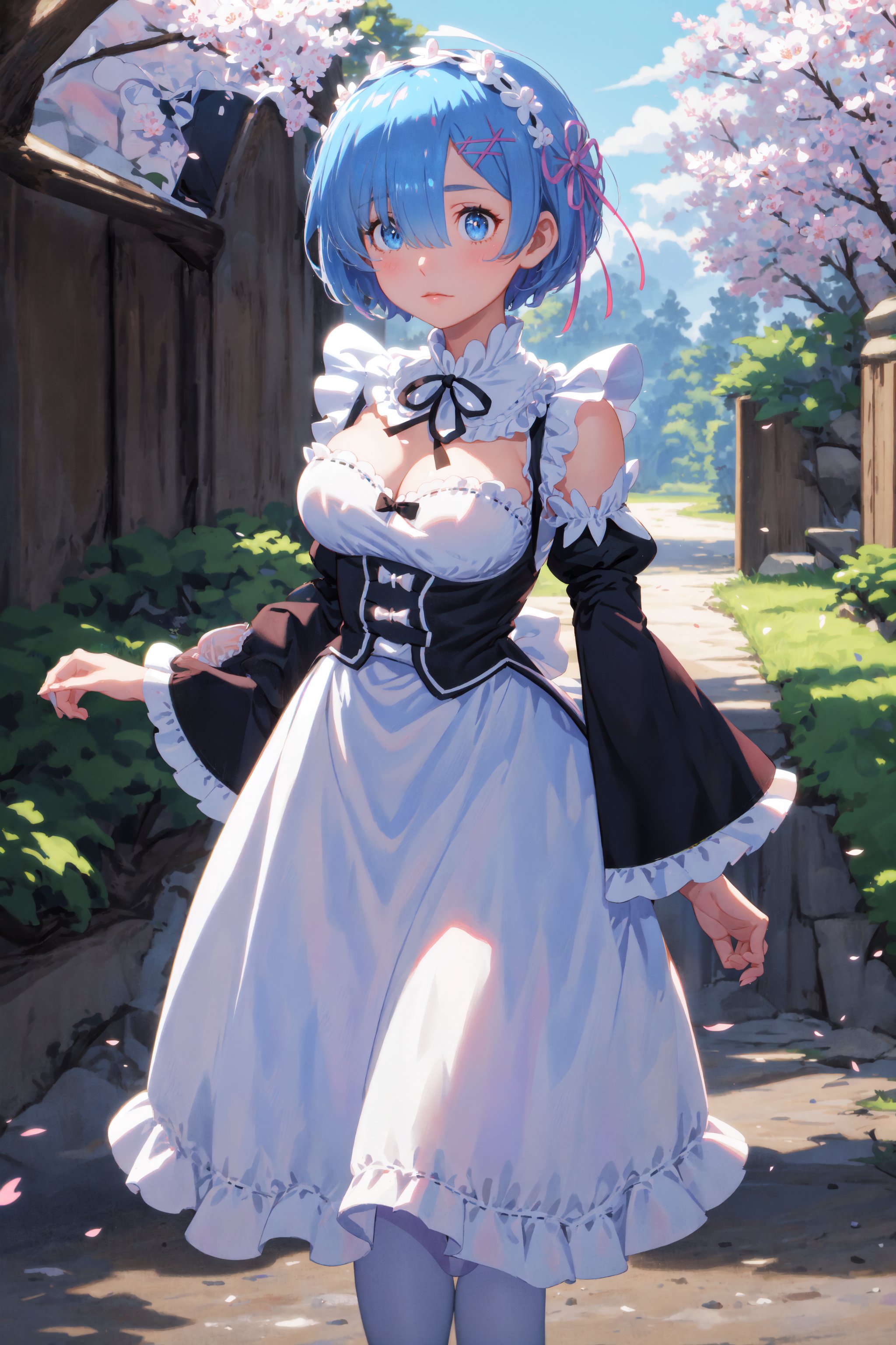 Women,background beauty sky , masterpiece,best quality,raw photo,tree sakura, crystal eyes,eye blue , crystal ,aarem, short hair, maid headdress, x hair ornament, hair ribbon, hair over one eye, large breasts, frills, neck ribbon, cleavage, dress, detached sleeves, white apron, waist apron, white pantyhose