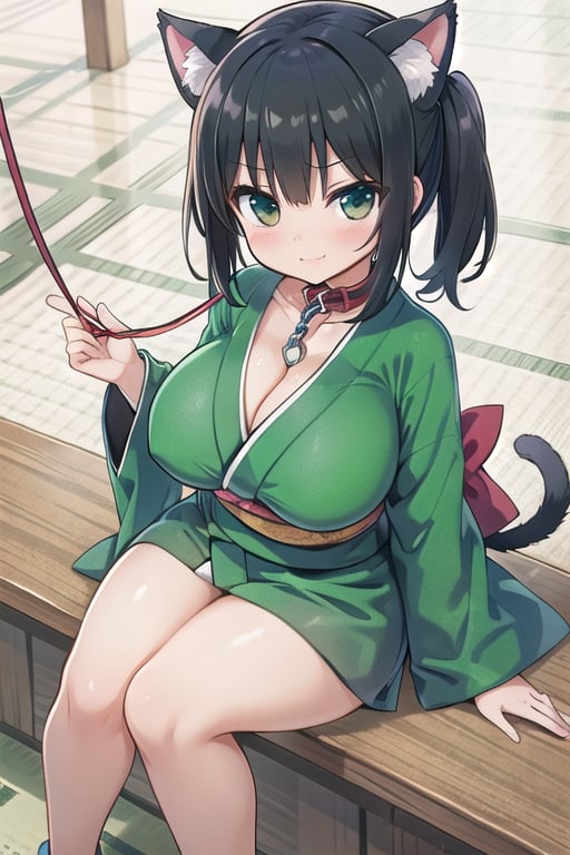 Bar_background, high_resolution, best quality, dark, extremely detailed, HD, 8K, detalied_face, figure_sexy, solo, (side_tails:1.4), (huge_breasts:1.2), tiny_girl, smug_face, black_hair, short_hair, brown_eyes, (sit_on_tatamo:1.4), cat_ears, red_cat_collar, cleavage, collarbone, from_above, (dog_leash:1.2), (green_kimono:1.2), , 