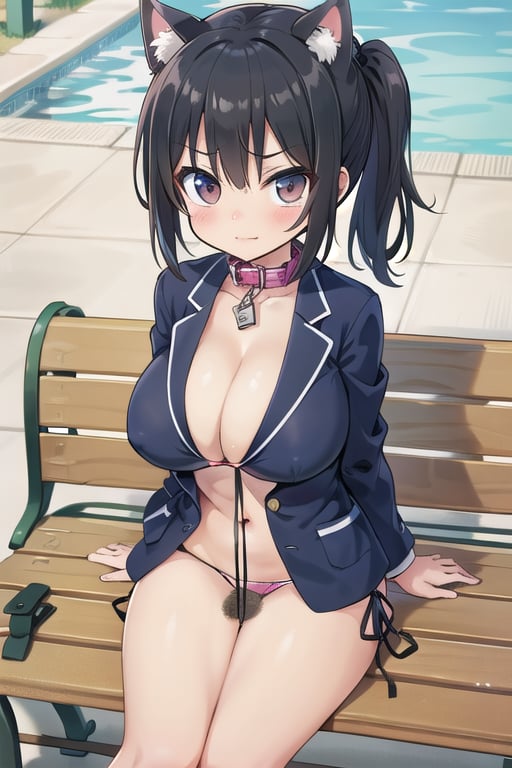 pool_background, high_resolution, best quality, dark, extremely detailed, HD, 8K, detalied_face, figure_sexy, solo, (pony_tail:1.4), (huge_breasts:1.2), tiny_girl, smug_face, black_hair, (pony_tail:1.2), short_hair, brown_eyes, bare_shoulders, (sit_on_bench:1.4), (open_blazer:1.4), cat_ears, red_cat_collar, cleavage, collarbone, from_above, (dog_leash:1.2), (pink_micro_bikini:1.2), penis, penis_on_boy, 1_boy,