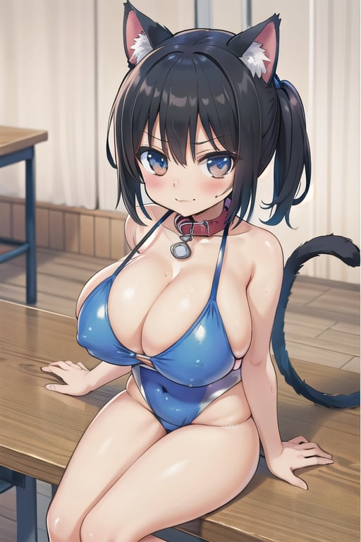 Bar_background, high_resolution, best quality, dark, extremely detailed, HD, 8K, detalied_face, figure_sexy, solo, (side_tails:1.4), (huge_breasts:1.2), tiny_girl, smug_face, black_hair, short_hair, brown_eyes, bare_shoulders, (sit_on_table:1.4), cat_ears, red_cat_collar, cleavage, collarbone, from_above, (dog_leash:1.2), (onepiece_blue_swimsuit:1.2), , 