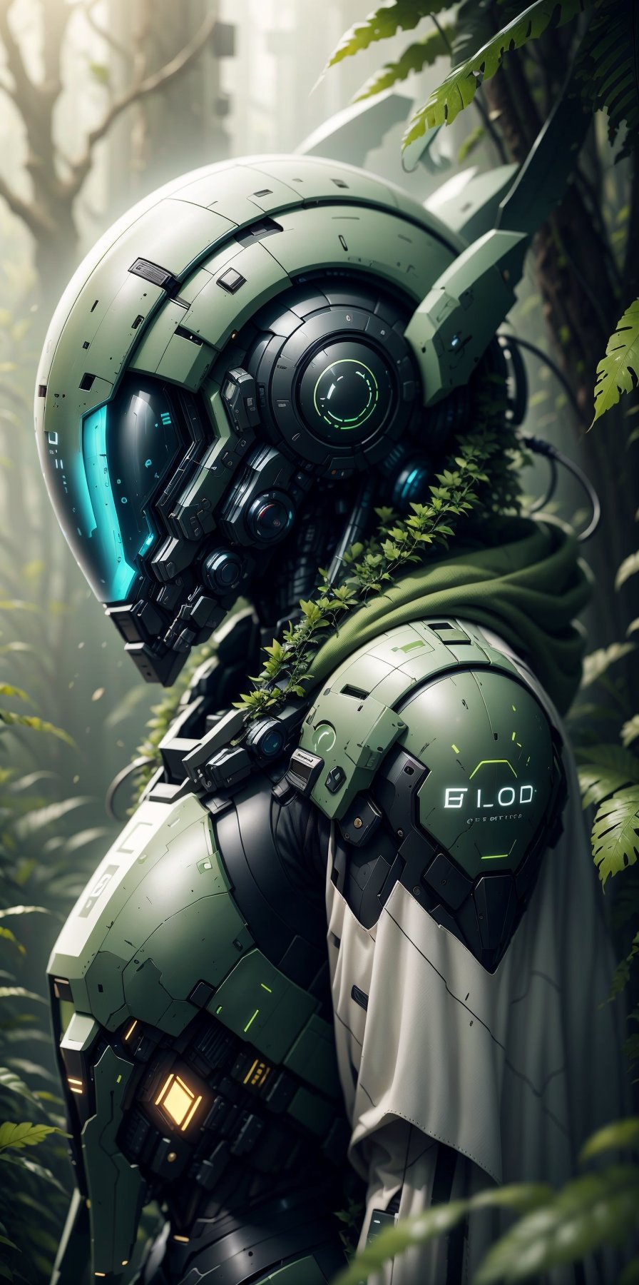 solo, upper body, outdoors, blurry, from side, no humans, blurry background, helmet, plant, science fiction, green theme