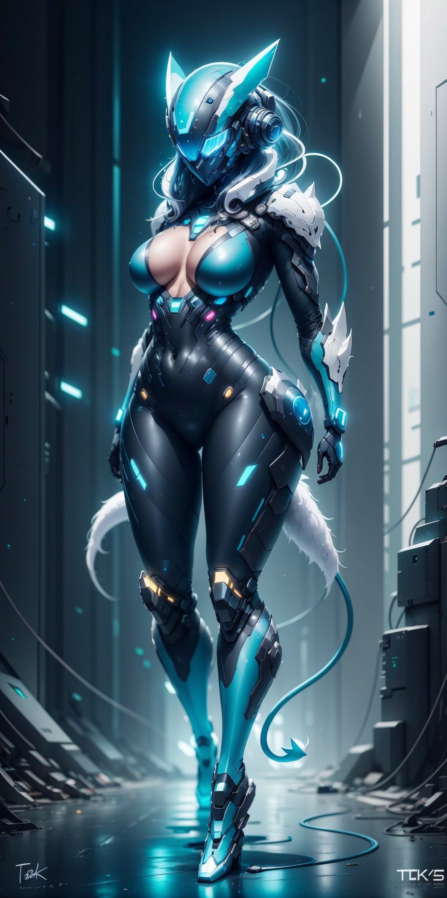 1girl, solo, breasts, blue eyes, medium breasts, standing, tail, full body, signature, armor, bodysuit, glowing, helmet, science fiction, tokusatsu