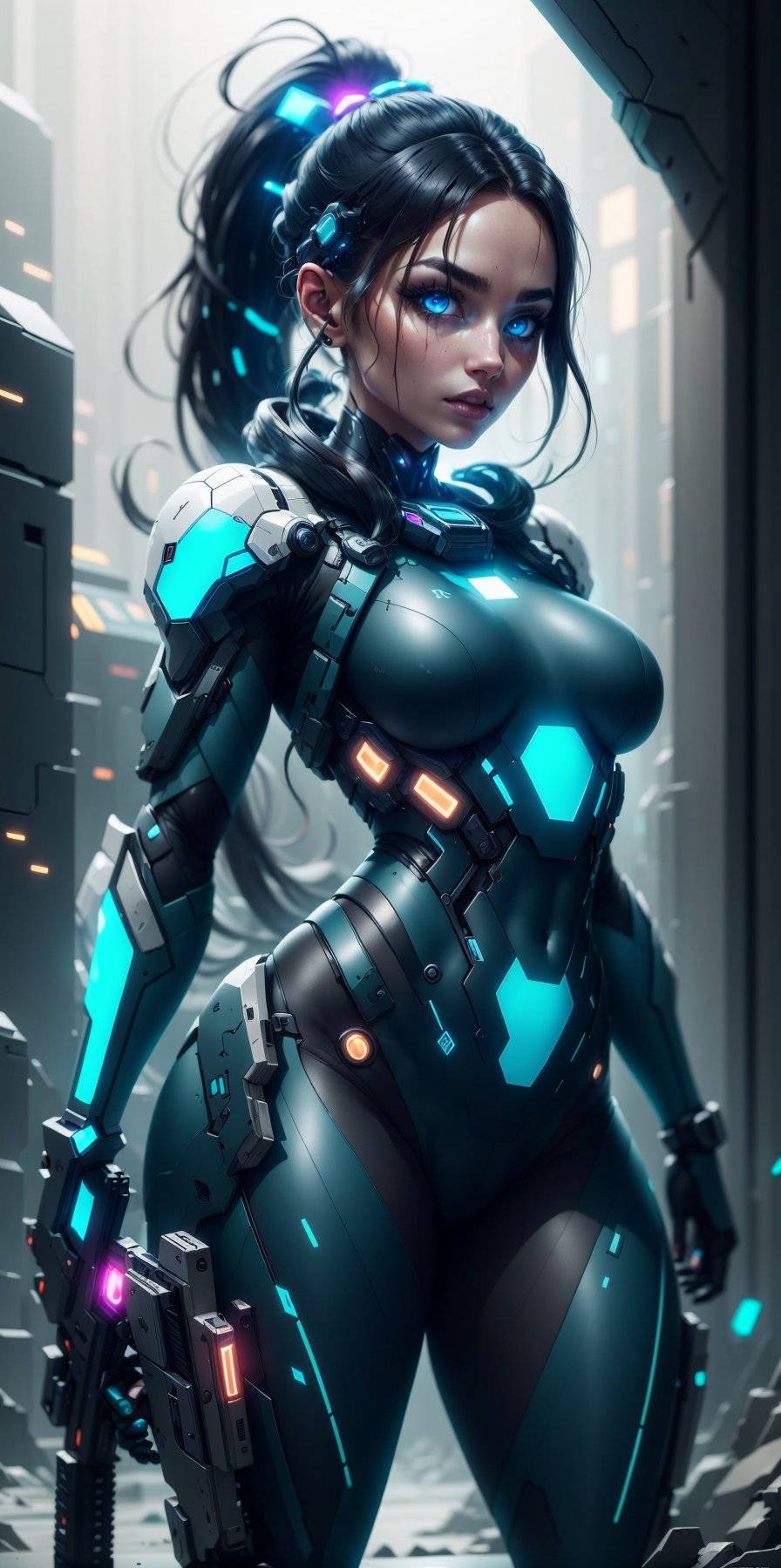 1girl, solo, long hair, looking at viewer, blue eyes, black hair, ponytail, weapon, armor, gun, bodysuit, glowing, letterboxed, science fiction