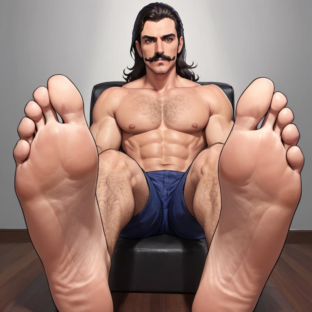 a sexy latino man with a handlebar mustache and long hair showing his feet, anime style, cartoon style, illustrated <lora:ManFeet:0.6> 