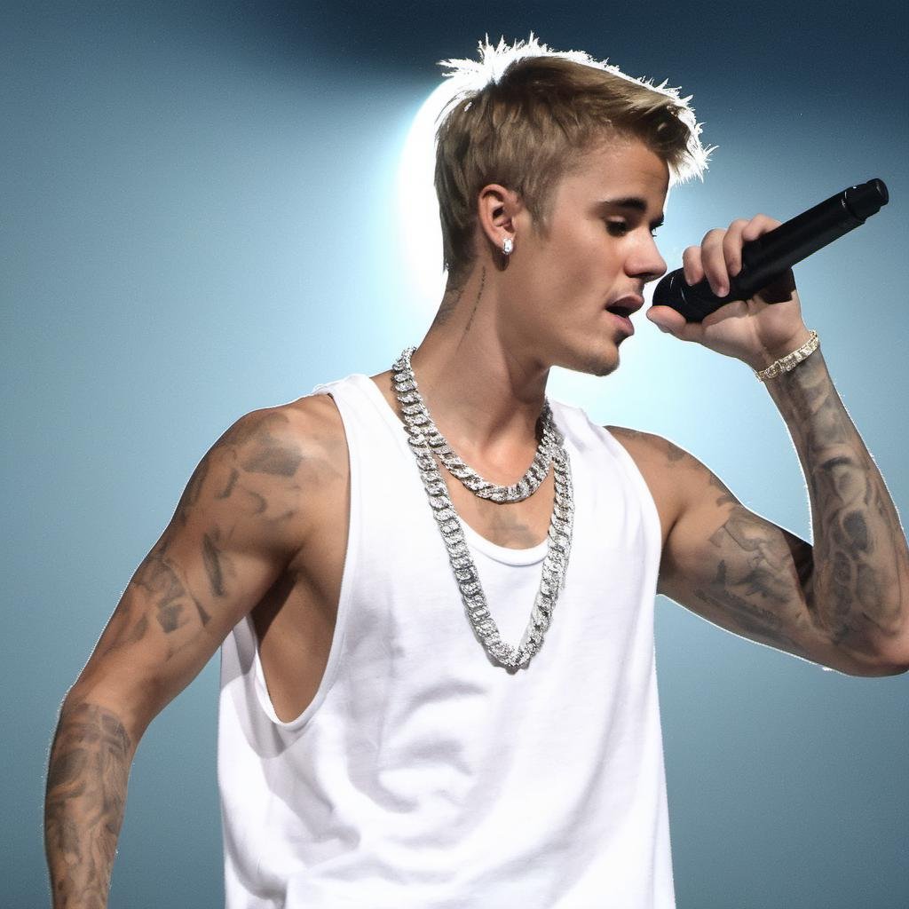 handsome Justin Bieber wearing a white tank top dancing in his chain necklace on stage <lora:BieberXL:0.5>