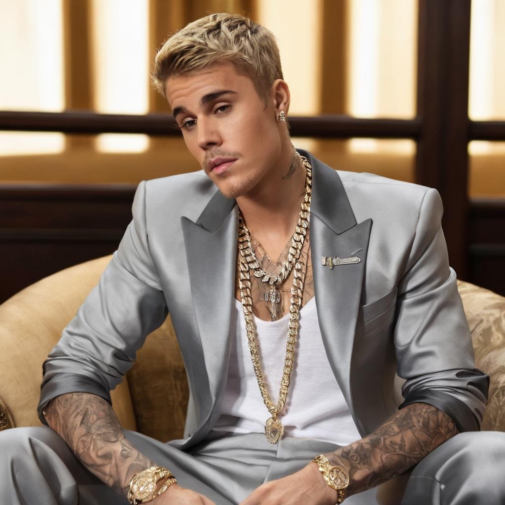 Justin Bieber wearing a suit and masculine chains while sitting in a fancy setting <lora:BieberXL:0.55>