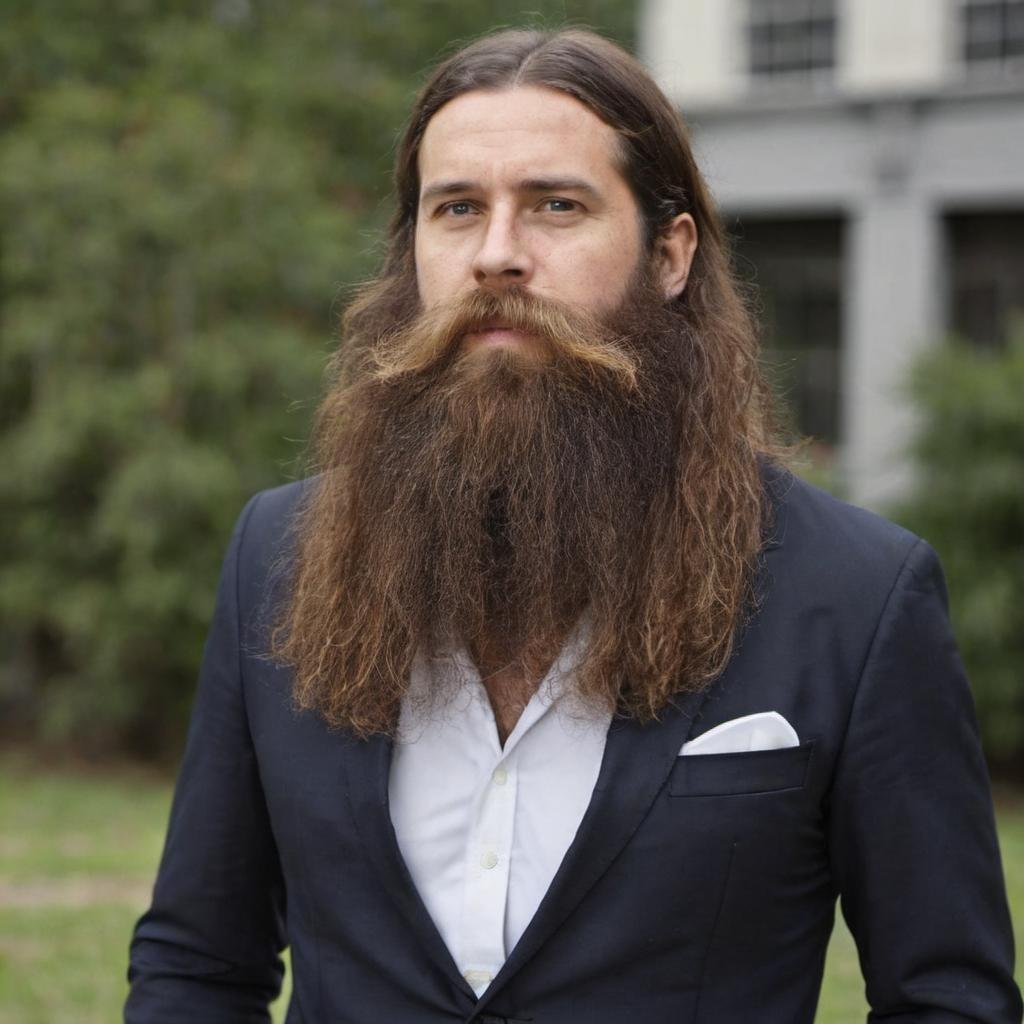 a man with long flowing hair and a big beard  wearing a suit, outside <lora:Cruz'sBeard:0.6>