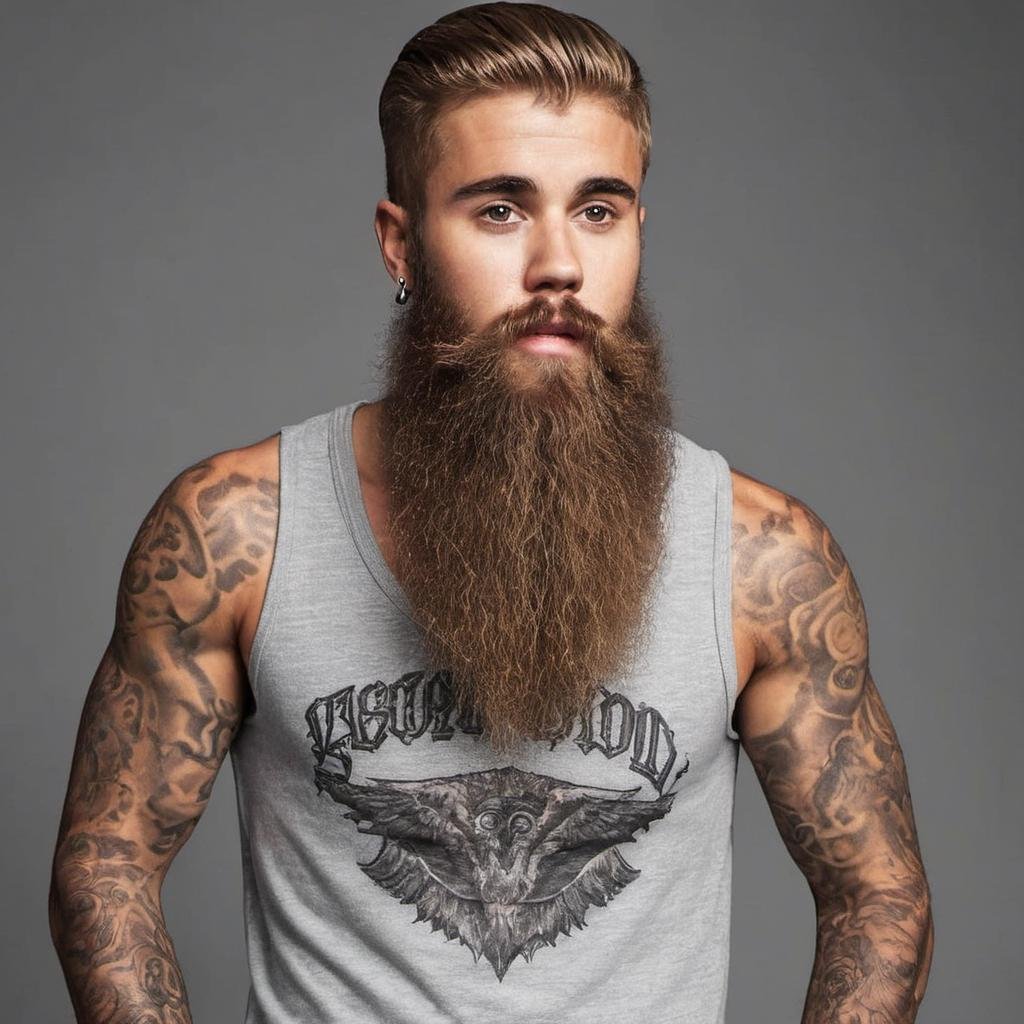 Justin bieber wearing a tank top and his has a big long beard  <lora:BieberXL:0.4>, arm tattoos <lora:Cruz'sBeard:0.55>