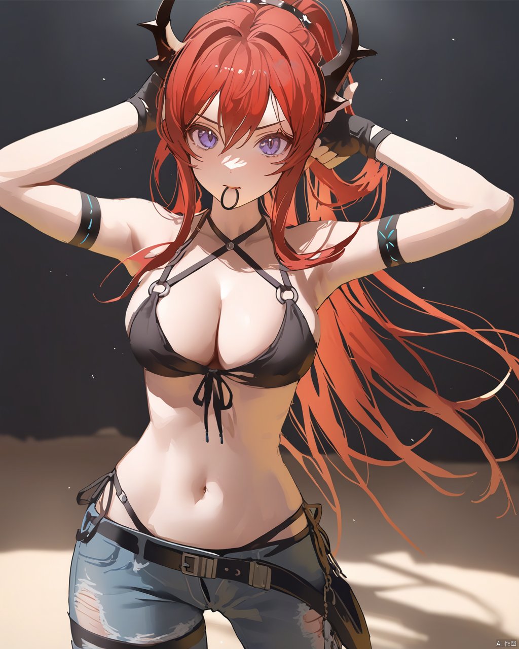  ((wlop)),ningen_mame,konya karasue, realistic,god light, 1girl, breasts, surtr (arknights), long hair, red hair, solo, swimsuit, purple eyes, bikini, eyewear on head, armpits, horns, black bikini, mouth hold, navel, looking at viewer, front-tie top, torn pants, denim, large breasts, pants, open fly, torn clothes, sunglasses, stomach, gloves, black gloves, arms up, cowboy shot, fingerless gloves, jeans, very long hair, front-tie bikini top, cleavage, hair between eyes, hair tie in mouth, arm strap, bangs, bare shoulders, string bikini, torn jeans, tying hair, blue pants, standing, thigh strap, side-tie bikini bottom, halterneck, demon horns, star (symbol), o-ring