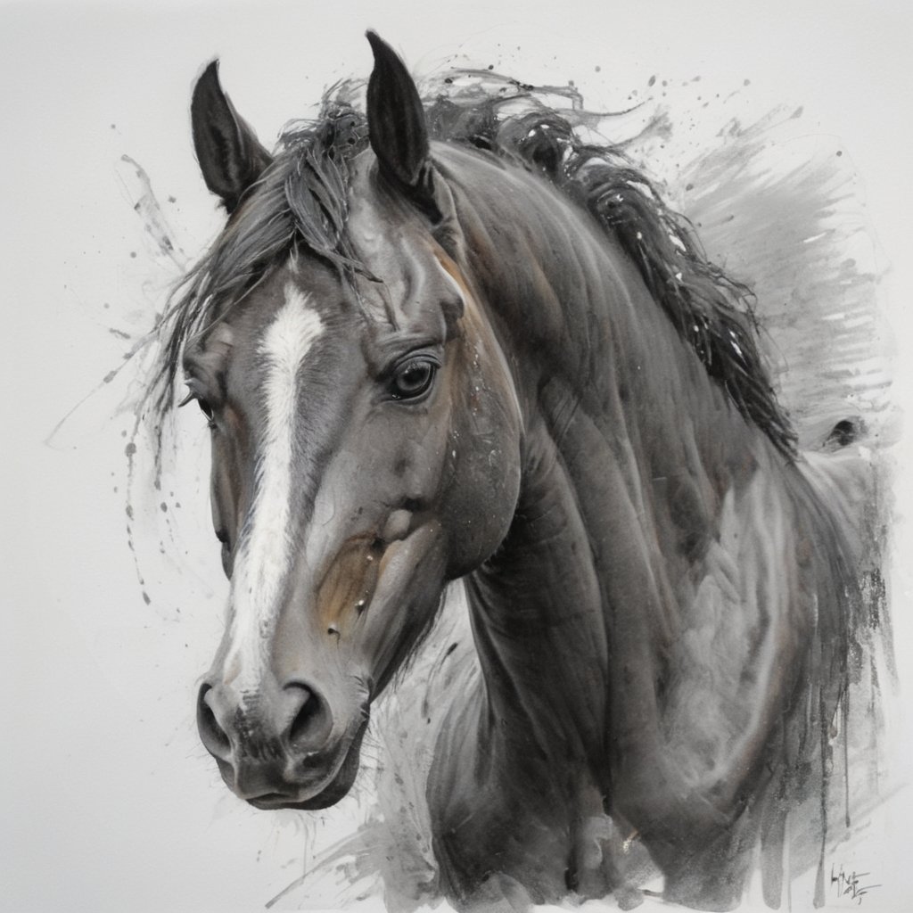 a pencil drawing of a horse, in the style of bold, gestural strokes, expressive facial animation, large brushstrokes/loose brushwork, gestural calligraphic, characterful animal portraits, raw brushstrokes, loose, gestural strokes