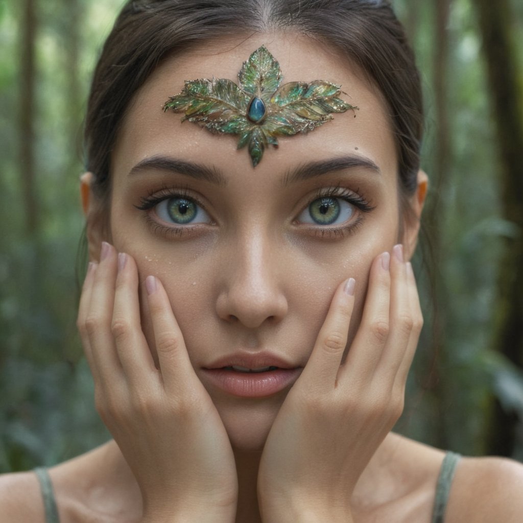 Extremely detailed close up photo of a woman standing above a rainforest, her eyes vibrant with a otherworldly beauty, UHD, highly detailed, detailed hands