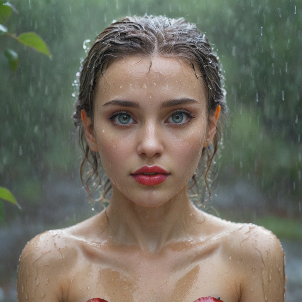 Picture this striking scene: A beautiful woman lies gracefully on the ground as rain falls gently onto her face. Her hair is soaked, glistening with moisture, and there's a hopeful glint in her expression. Her gray eyes seem to capture the essence of the rain falling all around her, while her red lips, like rose petals, stand out vividly amidst the refreshing rain. The raindrops are so realistic that you can almost feel them, and the view is from above, revealing her hands beautifully sculpted, seemingly merging with the nature that surrounds her ,photo r3al,more detail XL,IMGFIX very beautiful porrtrait, elder female satyr, large eyes, fur, tribal painting, ancient forest, hyper realistic, intricate details, wonderfull craftmanship, depth of field, focus sharpened, dynamic action postural poses, creative poses, elegance, sweety, unique art, 8k, Mysterious,LOGO, 