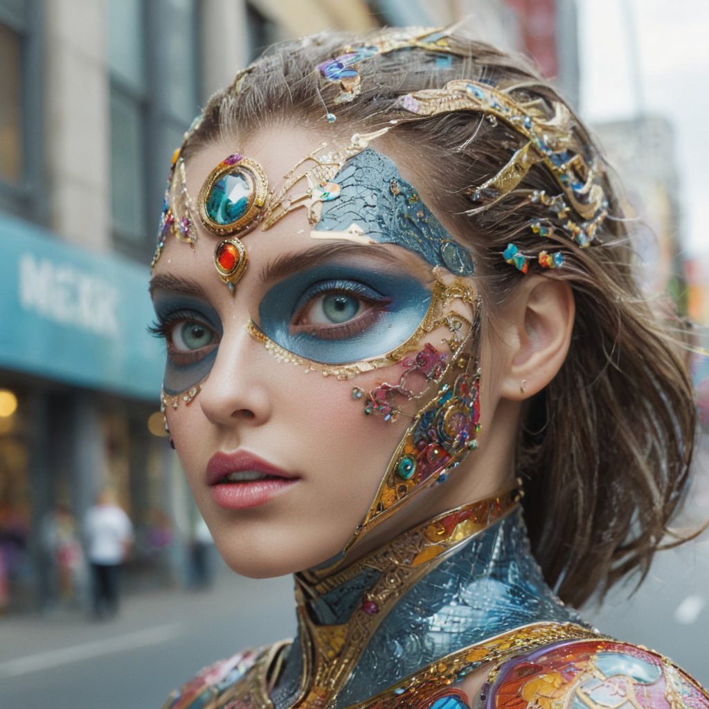 eye view of a metahuman woman coming to street, in the style of attention to gloss texture, superherocore, side view, ornamental details and embellishments, detailed facial features, colorful