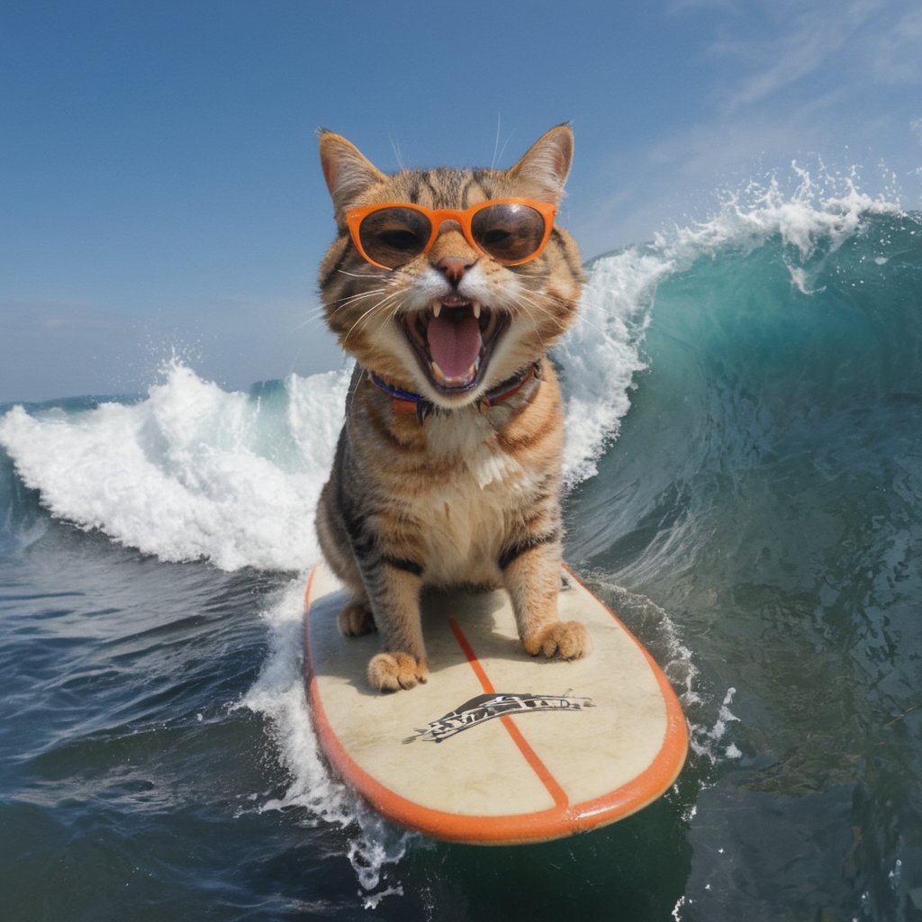 cat surfing on a surfboard, high waves, cat wearing sunglasses, cat has mouth open