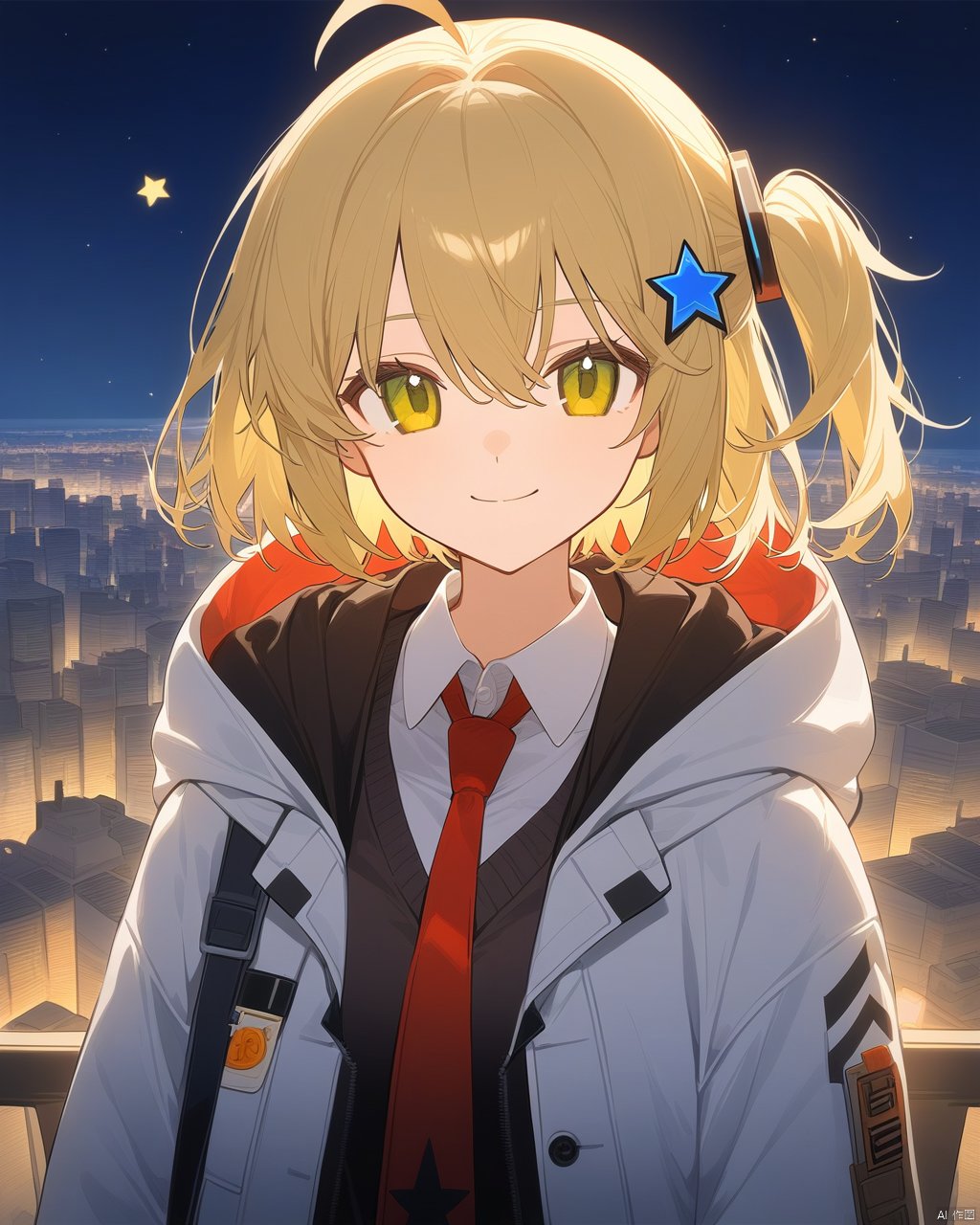 nai3, 1girl, solo, hair ornament, ahoge, looking at viewer, green eyes, necktie, hood, smile, shirt, jacket, outdoors, upper body, red necktie, bangs, one side up, hood down, night, collared shirt, short hair, closed mouth, open clothes, white shirt, white jacket, sky, hooded jacket, vest, city lights, bag, hair between eyes, open jacket, blonde hair, yellow eyes, star (symbol), hooded coat, city, medium hair